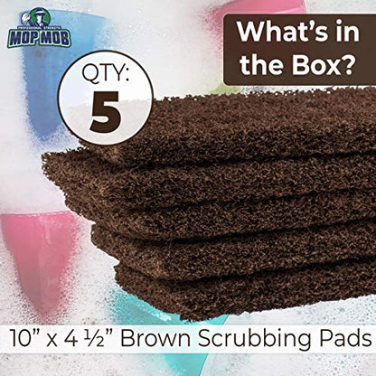 Heavy Duty XL Brown Scouring Pad 5 Pack. 10 x 4.5in Large Multipurpose Nylon Scrubbing Sponges. Clean Bathrooms, Kitchens, Counters and Floors to Erase Grime and Make Surfaces Sparkle