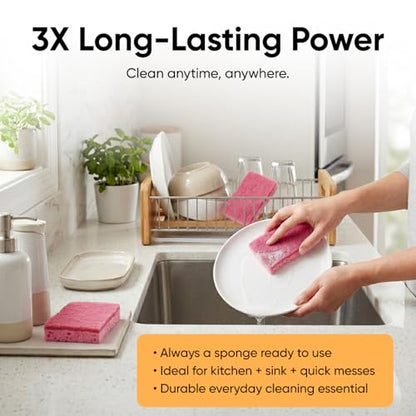 Superio Non-Scratch Cellulose Sponge Kitchen Scrub Sponges with Scouring Pad Set, Good for Non-Stick Cookware Frying Pan, Pot, Counter Top, Sink Scrubbing, Kitchen Scrubbers, Pack of 3, RedPink - color: Red, size: 3-pack