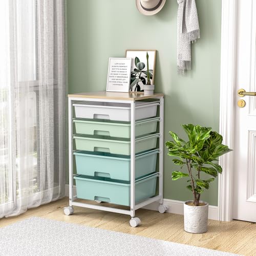 SYKIARIOL Utility Cart with 5 Drawers,Storage Cart with Wooden Tabletop and Lockable Wheels,Craft Storage Trolley Organizer,5-Tier Rolling Utility on Wheels,Light Green - color: Green