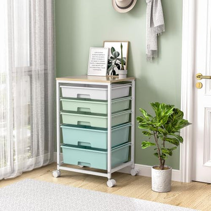 SYKIARIOL Utility Cart with 5 Drawers,Storage Cart with Wooden Tabletop and Lockable Wheels,Craft Storage Trolley Organizer,5-Tier Rolling Utility on Wheels,Light Green - color: Green
