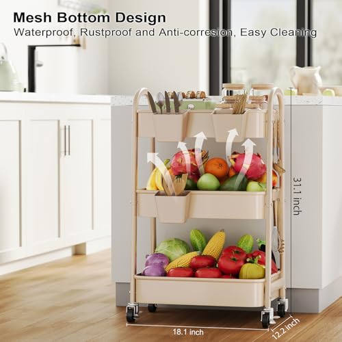 Beige 3 Tier Rolling Cart Metal on Wheels, Three Tiered Storage Organizer Utility Trolley with Wheels for Art, Craft, Baby Diaper Caddy, Snack, Book, Nail, Lash, Cleaning Supplies, Kitchen, Bathroom - color: Light Beige