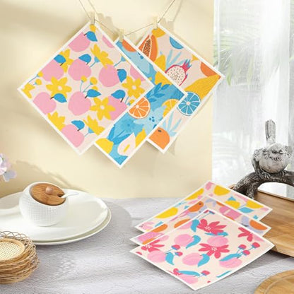 6 - Pack Swedish Kitchen Dish Cloths - Reusable Paper Towels for Counters & Dishes - Eco Friendly Cellulose Sponge Cloth (Fruit Plants) - color: G-fruit Plants