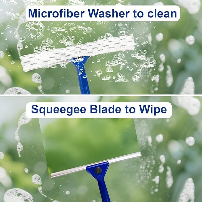 59" Long Reach Window Squeegee with 14" Double-Layer Rubber Blade & 2 Replacement Cloths - Stainless Steel Handle for High Windows, Car Glass & Mirrors