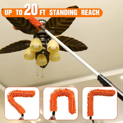 LAANPOLE 20FT High Reach Duster Cleaning Kit with Extension Pole, High Ceiling Fan Cleaner Duster Tool for Fan Blades, Window Washing Kit with Microfiber Feather Duster & Window Squeegee - size: 12FT