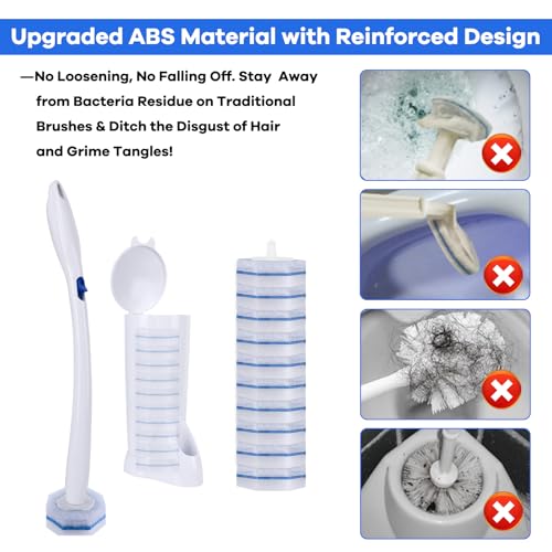 Upgraded Disposable Toilet Brush and Holder Set, 50 Toilet Wand Refills with Thickened Cleaning Layer, Won't Fall Apart, Large Opening Storage Caddy, Long Handle, for Home & Commercial Use