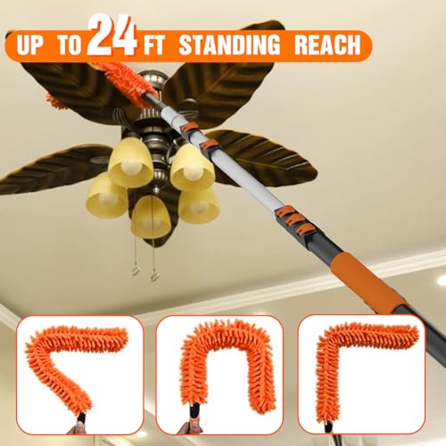LAANPOLE 30FT High Reach Duster Cleaning Kit with Extension Pole, High Ceiling Fan Cleaner Duster Tool for Fan Blades, Window Washing Kit with Microfiber Feather Duster & Window Squeegee - size: 24FT