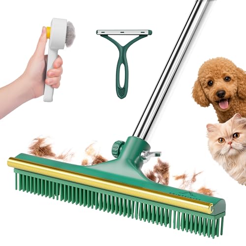 Carpet Rake for Pet Hair Removal Tool with Copper Teeths, 60” Long Handle – 3 in 1 Heavy-Duty Pet Hair Remover Kit for Dog Cat Carpets, Rugs & Mats, Cat Dog Fur Rakes Scraper with self-Cleaning Brush