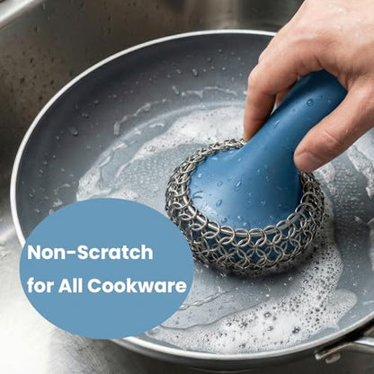 Cast Iron Scrubber with Long Handle | 316 Cast Iron Cleaner Chainmail Scrubber for Pan Skillet Cleaner - Dish Scouring Pad Dishwasher Safe Cleaning Kit (Blue, 1 Scrubber + 1 Scraper) - color: Blue, 1 Scrubber + 1 Scraper