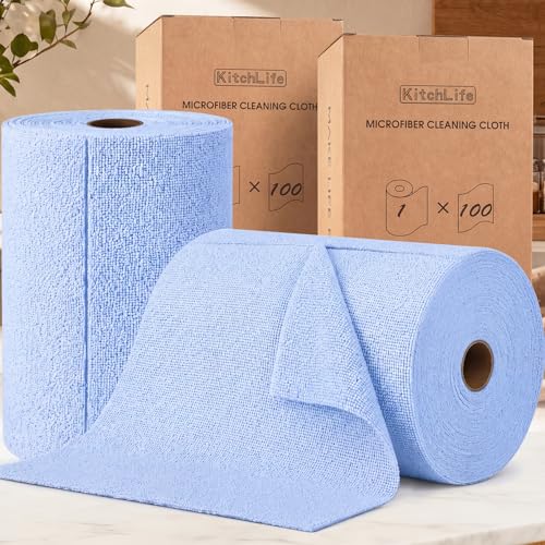 KitchLife Microfiber Cleaning Cloth Roll, 200 Pack - Tear-Away Microfiber Paper Towels, Lint-Free, Reusable, Washable for Kitchen, Car, Dishes, and Sensitive Surfaces (Blue) - color: Blue, size: 100 Pack x 2