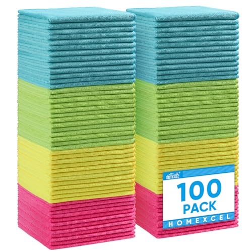 HOMEXCEL Microfiber Cleaning Cloth,100 Pack Cleaning Rags, Cleaning Towels with 4 Color Assorted, 11.5"X11.5" Shop Towels (Green/Blue/Yellow/Pink) - color: Multicolor