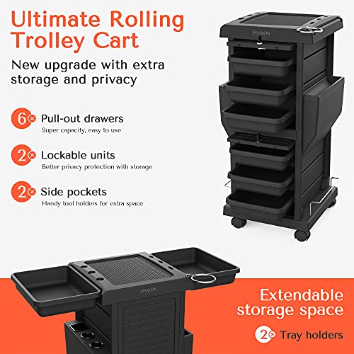 TASALON Professional Salon Trolley Cart, Lockable 6 Trays & 2 Holders, Space Saving Mobile Storage for Hair Salon and Beauty Station - Black - color: Black