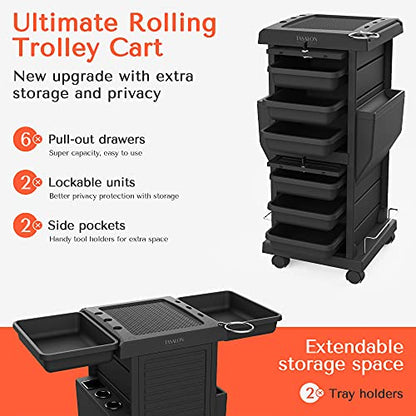 TASALON Professional Salon Trolley Cart, Lockable 6 Trays & 2 Holders, Space Saving Mobile Storage for Hair Salon and Beauty Station - Black - color: Black