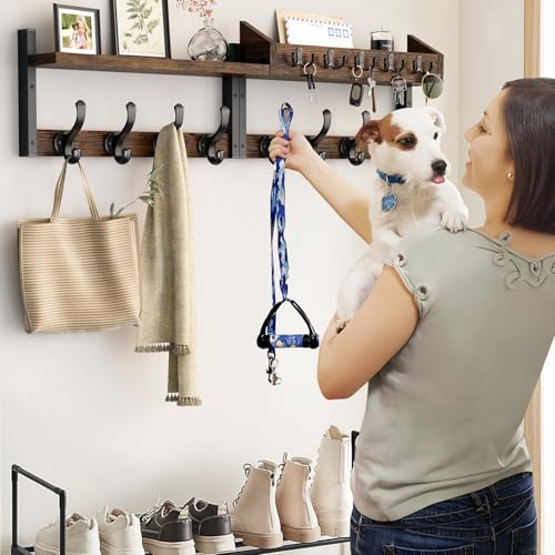 Evermagin 35" Coat Rack Wall Mount with Shelf, 4 in 1 Coat and Key Hanger with 13 Metal Hooks, Entryway Wall Mounted Shelf with Mail Holder for Living Room, Bedroom, Rustic Brown - color: Rustic Brown, size: 35 inch