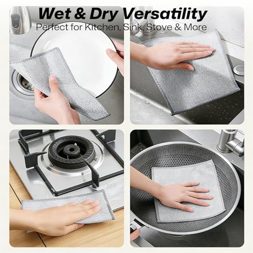 12Pcs 3-Layer Silver Wire Dish Cloths, Non-Scratch Reusable Kitchen Cleaning Rags, Wet Dry Use for Cookware Sink Stove, 8×8 Inch
