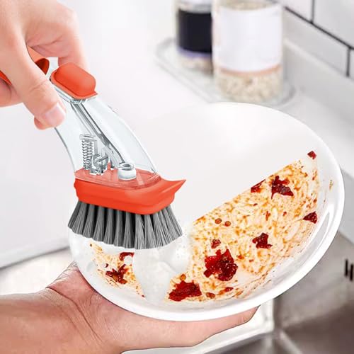 2-in-1 Soap Dispensing Dish Brush with Handle - Kitchen Scrub Brush for Easy Cleaning of Dishes, Pots, Pans, and Sinks (Green) - Efficient and Ergonomic Design Orange - color: Orange