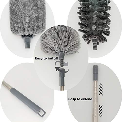 5-in-1 Microfiber Duster with Extension Pole (30-100") Kit for High Ceiling, Fan, Cobweb, Blind & Furniture, Bendable Washable Heads, Reusable Dusters for Cleaning