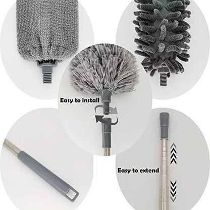 5-in-1 Microfiber Duster with Extension Pole (30-100") Kit for High Ceiling, Fan, Cobweb, Blind & Furniture, Bendable Washable Heads, Reusable Dusters for Cleaning