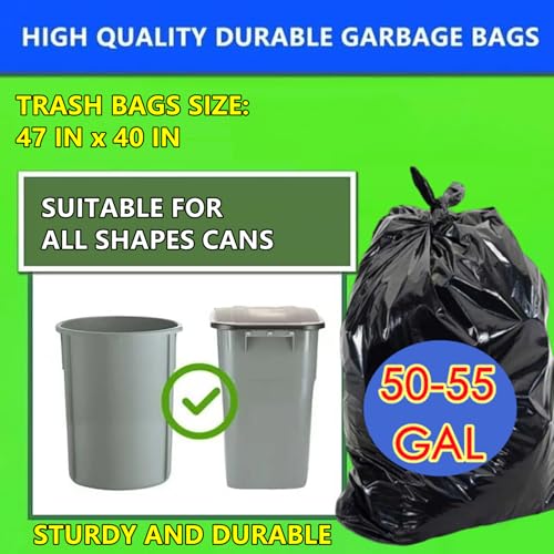 55 Gallon Trash Bag, 66 Count Garbage Trash Bags, 2.0 Mil Heavy Duty 40 x 47" Large Black Plastic Trash Can Liners Huge for Construction Industrial Yard Outdoor Commercial - size: 1 Count (Pack of 66)
