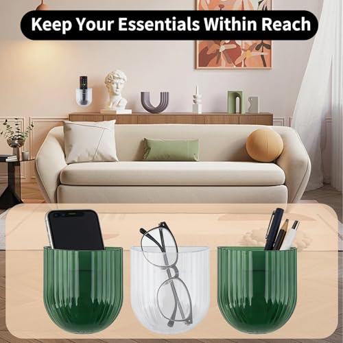 2 PCS Remote Control Holders, Self Adhesive Wall Organizer for Living room, Kitchen, Bathroom, Cabinet, Small Wall Basket for Pen, Pencil & Marker Holder, Home Office & School (Green + Clear)