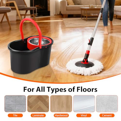 Spin Mop and Bucket with Wringer Set,360° Mop and Bucket System with One Microfiber Mop Refills and 50" Extended Handle for Floor Cleaning (Black)