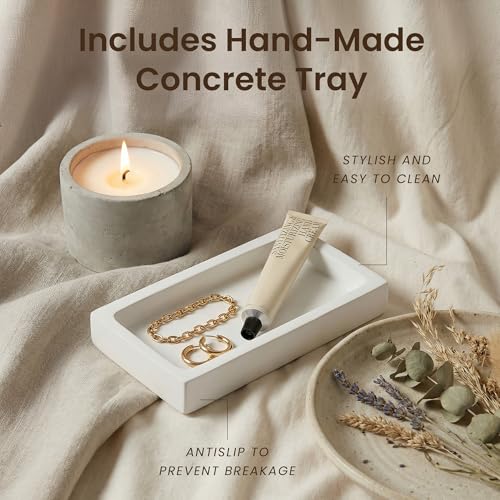 MaisoNovo Soap and Lotion Dispenser Set - Bathroom Soap Dispenser Set with White Soap Dispenser, Silver Pumps & Concrete Tray - color: White Bottles/ Silver Pumps/ White Concrete Tray