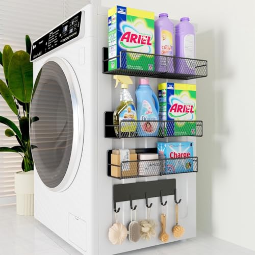 4 Pack Magnetic Shelves for Washing Machine, Heavy-Duty Magnetic Laundry Organizer with Hooks, Washing Machine Shelf for Refrigerator, Metal Storage Baskets, Closet & Laundry Room Organization(Black) - color: Black, size: 4 Pack (11.3"-12.4")