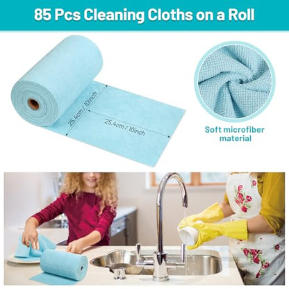 85 Pack Tear Away Microfiber Towels Roll, 10" x 10" Value Pack Reusable Cleaning Towels Absorbent Rags Fast Drying Dishcloths Lint Free Cleaning Wipes for Kitchen House Car - color: Blue, style: 85 PCS