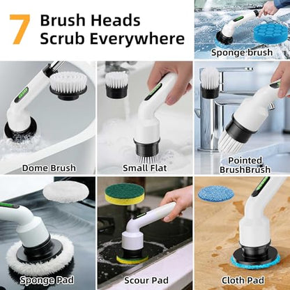 Electric Spin Scrubber, Cordless IPX7 Waterproof Cleaning Brush with Dual-Hook Design, 7 Replaceable Brush Heads, Adjustable Telescopic Handle & 2 Speeds for Bathroom, Kitchen, Floor