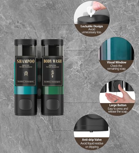 Luxspire Shampoo and Conditioner Dispenser, No Drill Wall Mounted Shower Soap Dispenser 2 Chamber with Waterproof Labels, Easy Refill Soap Dispenser for Bathroom Hotel Kitchen, Black - color: Black, size: 2 Chamber