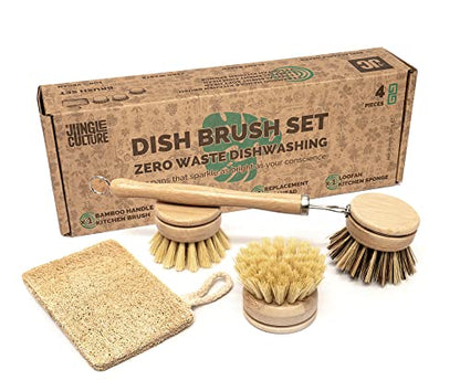 Jungle Culture 4 Piece Bamboo Dish Brush Set for Washing Up • Long Lasting Wooden Dish Brush with 3 Replacement Heads & Loofah Sponge Scourer • Eco Friendly Wooden Scrub Brush for Pots, Pans & Dishes