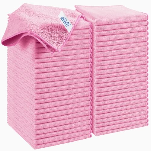 HOMEXCEL Pink Microfiber Cleaning Cloth, 50 Pack Cleaning Towels for Kitchen, Lint Free, Scratch-Free, Highly Absorbent, and Reusable Cleaning Rags for House, Window and Glass, Cars, 11.5 X11.5 inch - color: Pink