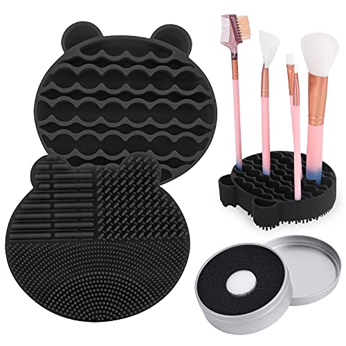 Silicon Makeup Brush Cleaner Mat with Brush Drying manual Make up cleaner cleanser machine Cosmetic Cleaning Pad+Makeup Dry Cleaned Quick Color Removal Sponge Scrubber Tool(Black) - color: New Black