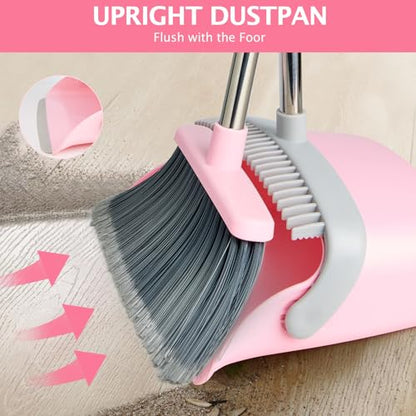 2-Pack Broom and Dustpan Set with Long Handle, Heavy Dust Broom and Dustpan Combo for Home，Kitchen, Office, Pet Hair(Grey Pink) - color: Pink 2-pack