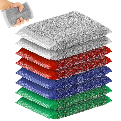 Thyle 8 Pack Steel Wool Scrubber Kitchen Sponges, Heavy Duty Non Scratch Metal Sponges, Reusable Cleaning Scrub Pads for Dishes, Pots, Pans, Sink and Tough Hard Stains (Multicolored) - color: Multicolored