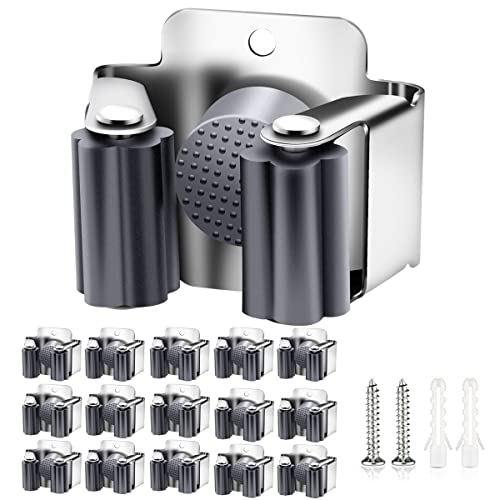 Verdenu 15 Pack Broom Holder Wall Mount, Mop and Broom Holder Wall Mount, Stainless Steel Command Broom Holder with Screws, Garden Tool Storage Organizer for Kitchen, Home, Bathroom, Garage, Grey - color: Grey, size: 15 Pack