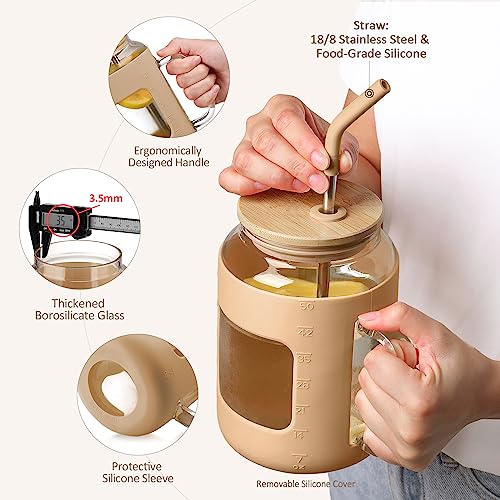 WINSA 50 oz Glass Water Bottles with Silicone Sleeve,Glass Tumbler with Lid and Straw,Iced Coffee Cup with Handle,BPA Free-Amber - color: Amber