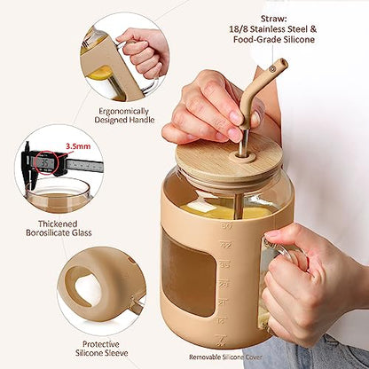 WINSA 50 oz Glass Water Bottles with Silicone Sleeve,Glass Tumbler with Lid and Straw,Iced Coffee Cup with Handle,BPA Free-Amber - color: Amber