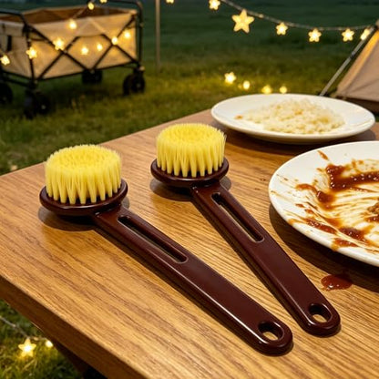 2 Pack Dish Brush with Handle, Stiff Bristles Dish Scrubber, Labor-Saving Kitchen Brush for Dishes, Pots, Pans and Sink Cleaning(Brown) - color: Brown