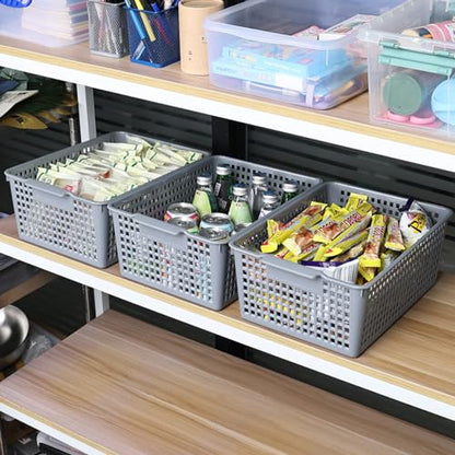 Set of 3 Large Plastic Baskets, Plastic Storage Bin Organizer, Gray | Durable Plastic, Home Organization, Space - Saving Storage, Suitable for Shelves, Closets, Cabinets, Bathrooms and Offices