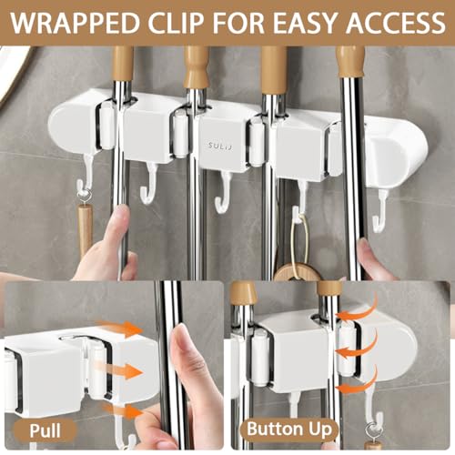 2Pcs Broom Holder Wall Mount, No-Drilling Self-Adhesive Mop and Broom Storage Rack with Hooks (4 Racks with 5 Hooks), Wall-Mounted Broom Hanger for Bathroom, Kitchen, Closet, Garage (White ﻿) - color: White ﻿