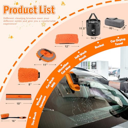 LAANPOLE 16FT Car Wash Brush with Long Handle, Car Cleaning Kit with Soft Bristle Wash Brush, Microfiber Cleaning Mop, Window Squeegee, Mitt, Wheel Brush, Bucket, Drying Towel for RV, Truck, Boat - size: 16FT