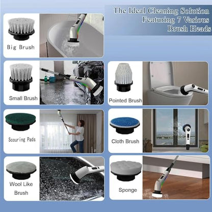 Electric Spin Scrubber Cordless,Lucklights Cleaning Brush Power Shower 7 Brush Heads 3 Speeds 120Mins Work Time Adjustable Extension Arm for Bathroom Tub Kitchen Floor Car