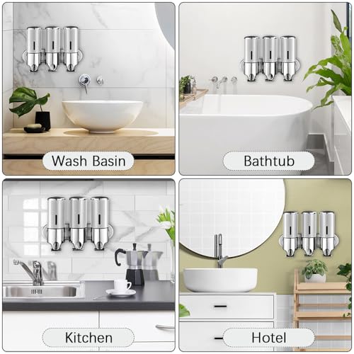 No-Drill 3 Pack 500ml Wall Mounted soap Dispenser for Bathroom and Kitchen, Shampoo and Conditioner Dispenser Drill Free with Adhesive(Round-Silve) - color: Silver-1