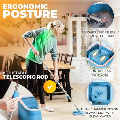 Spin Mop and Bucket Set with Wringer – Dual-Chamber Self Wringing Mop, Flat Microfiber Mop for Hardwood, Tile & Vinyl Floors, 2 Washable Replacement Heads, 63" Handle, Blue - color: Blue