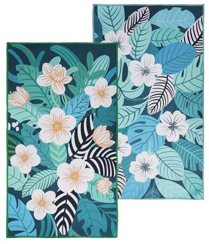 Waffle Kitchen Towels Set of 2 Pack 15.7" x 27.6" Quick Dry Microfiber Tea Dish Towel with Hanging Loop, Ultra Absorbent Reusable Cleaning Dishcloths, Decorative Hand Towels Housewarming Gifts - color: Green Flowers, size: 15.7" x 27.6" (2 Pack)