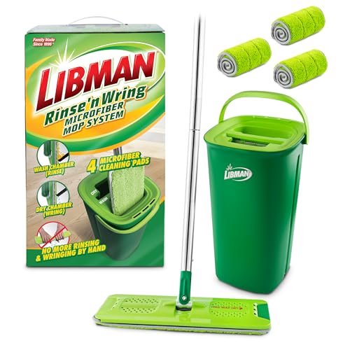 Libman Rinse 'n Wring Mop and Bucket System | Microfiber Floor Mop | Hardwood Floor Cleaner | Wet & Dry Mop | Clean & Dirty Water Chambers | Power Blades | 4 Total Microfiber Pads - style: 4 Pads