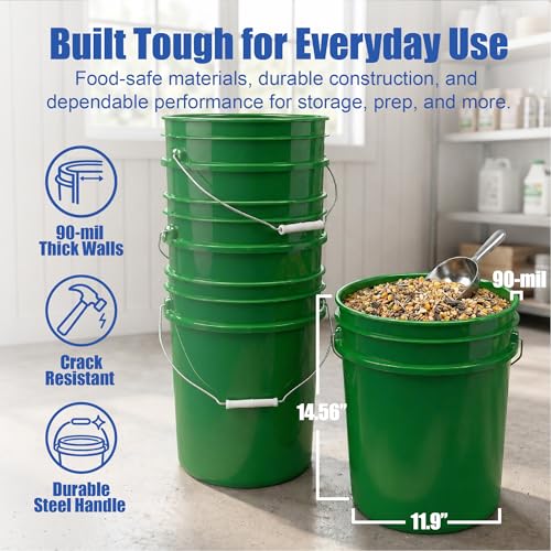 ePackageSupply 5 Gallon Bucket - Food Grade Bucket, Metal Handle Grip, BPA-Free, Heavy-Duty 90 Mil HDPE Plastic Pail, Stackable Utility Container, Made in USA, Lid Not Included, Green, 1 Pack - color: Green, size: 1 Pack