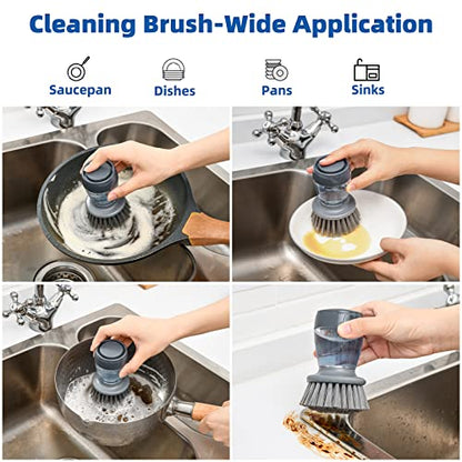 Dish Brush with Soap Dispenser, Kitchen Dish Scrubbers Set with Draining Tray for Washing Dishes/Pots, Grey, Set of 2