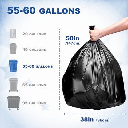 75 Count 55-60 Gallon Trash Bags, Heavy Duty Black Contractor Garbage Bags 38"x58", Large Kitchen Trash Bag for Industrial, Lawn, Leaf, Commercial Use, Tall Kitchen Trash Bags