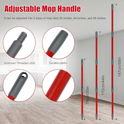 Mop Handle for Ocedar, Scrub Brush and Spin Mop Base Compatible with O Cedar EasyWring 1 Tank Spin Mop,4-Section Spin Mop Handles and Base for EasyWring Spin Mops - color: RED-3